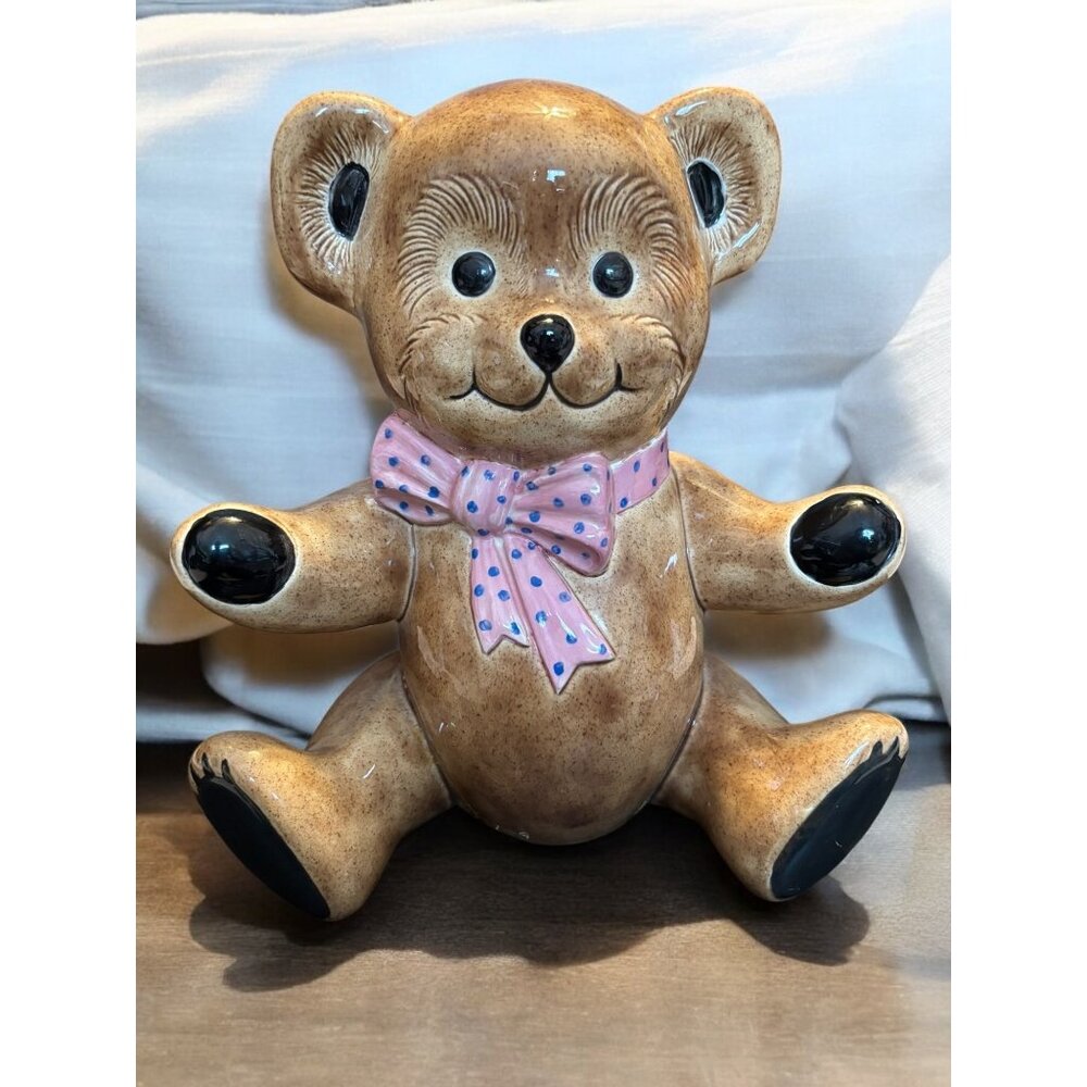 Vintage Ceramic Brown Teddy Bear Bank / Decoration Pink Bow 11"